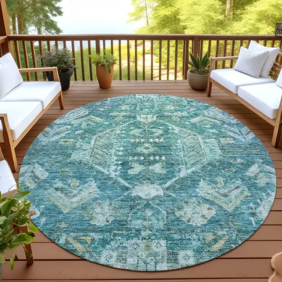 8' Turquoise And Teal Blue Round Medallion Washable Indoor Outdoor Area Rug Photo 4
