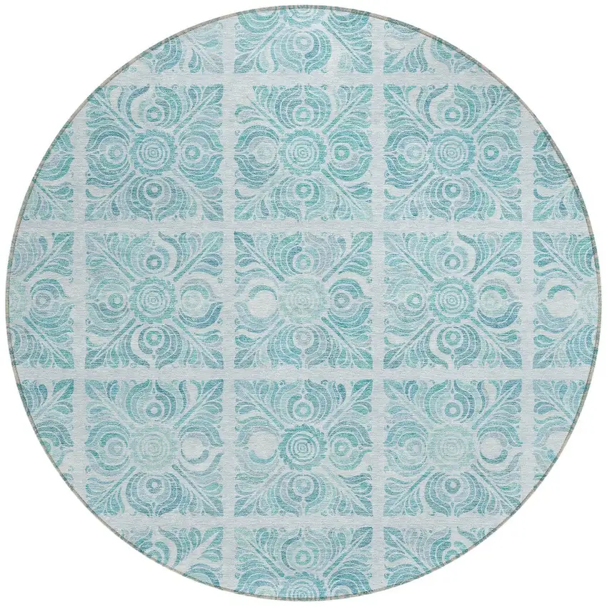 8' Turquoise And Teal Blue Round Medallion Washable Indoor Outdoor Area Rug Photo 5