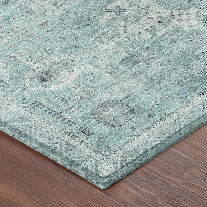 8' Turquoise And Teal Blue Round Oriental Washable Indoor Outdoor Area Rug Photo 3