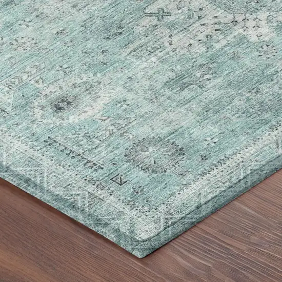 8' Turquoise And Teal Blue Round Oriental Washable Indoor Outdoor Area Rug Photo 3