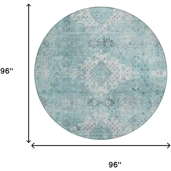 8' Turquoise And Teal Blue Round Oriental Washable Indoor Outdoor Area Rug Photo 5