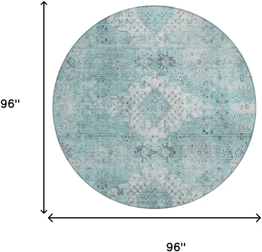 8' Turquoise And Teal Blue Round Oriental Washable Indoor Outdoor Area Rug Photo 5