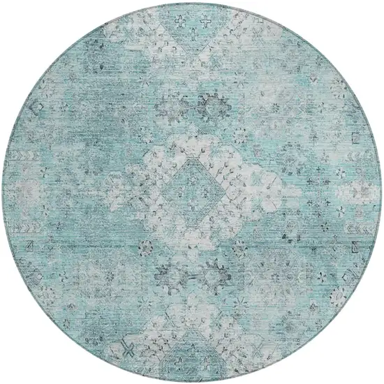 8' Turquoise And Teal Blue Round Oriental Washable Indoor Outdoor Area Rug Photo 2
