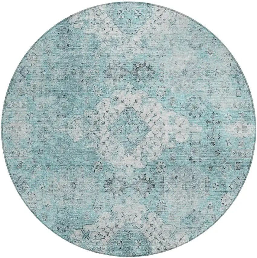 8' Turquoise And Teal Blue Round Oriental Washable Indoor Outdoor Area Rug Photo 2