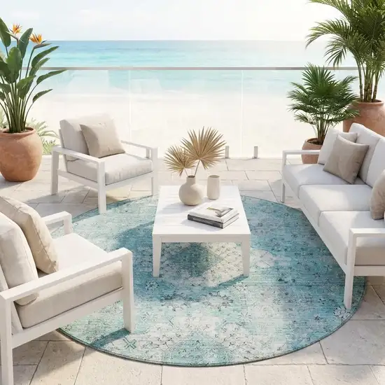 8' Turquoise And Teal Blue Round Oriental Washable Indoor Outdoor Area Rug Photo 1