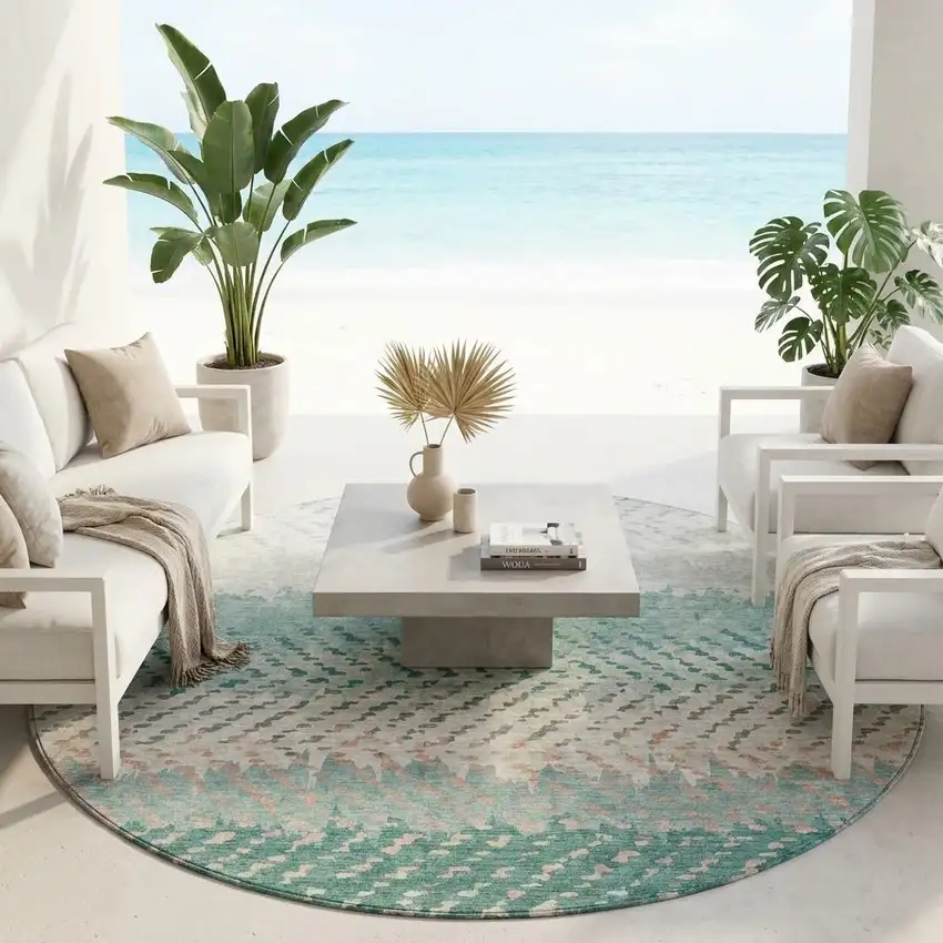 8' Turquoise And Teal Blue Round Striped Washable Indoor Outdoor Area Rug Photo 1