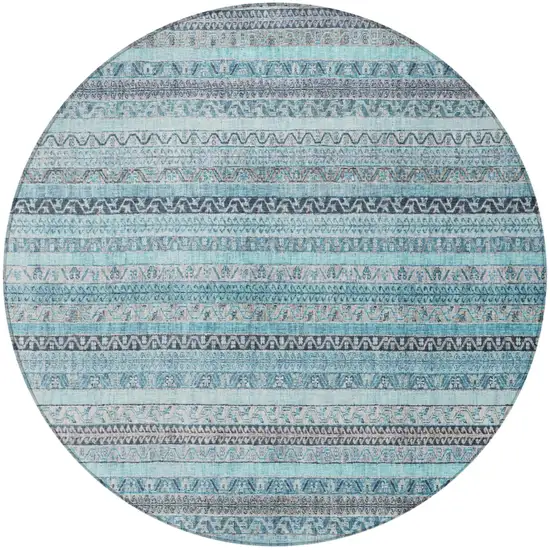 8' Turquoise And Teal Blue Round Striped Washable Indoor Outdoor Area Rug Photo 4