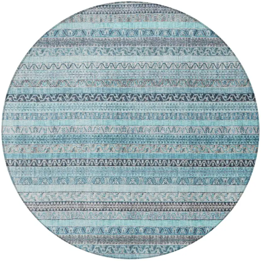 8' Turquoise And Teal Blue Round Striped Washable Indoor Outdoor Area Rug Photo 4