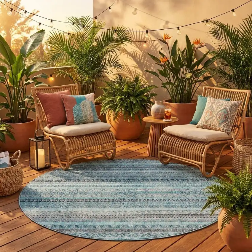 8' Turquoise And Teal Blue Round Striped Washable Indoor Outdoor Area Rug Photo 1