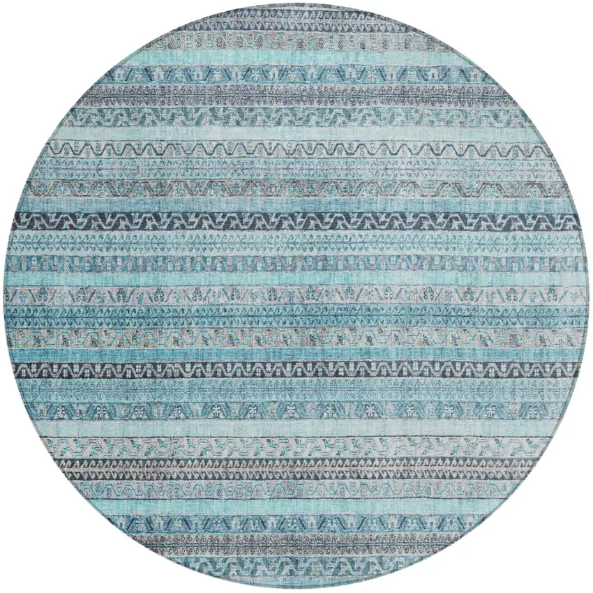 8' Turquoise And Teal Blue Round Striped Washable Indoor Outdoor Area Rug Photo 2
