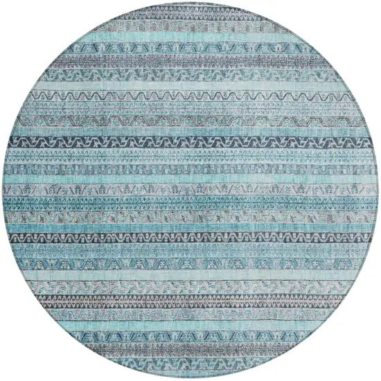 8' Turquoise And Teal Blue Round Striped Washable Indoor Outdoor Area Rug Photo 2