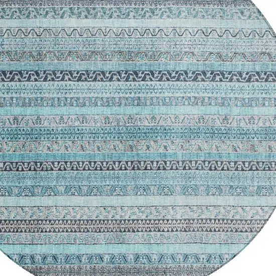 8' Turquoise And Teal Blue Round Striped Washable Indoor Outdoor Area Rug Photo 3