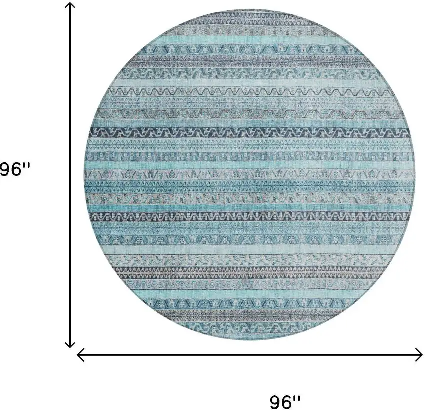 8' Turquoise And Teal Blue Round Striped Washable Indoor Outdoor Area Rug Photo 7
