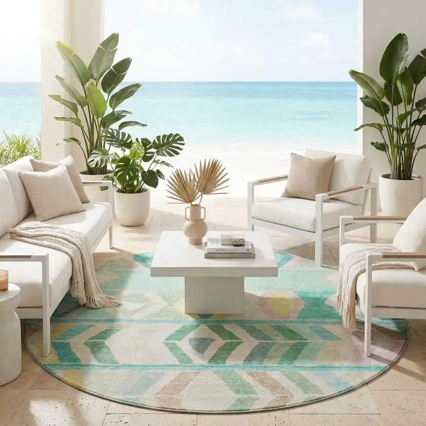 8' Turquoise And Teal Blue Round Tribal Washable Indoor Outdoor Area Rug Photo 1