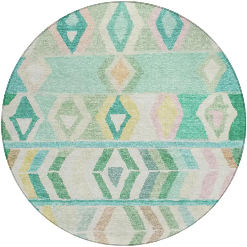 8' Turquoise And Teal Blue Round Tribal Washable Indoor Outdoor Area Rug Photo 2