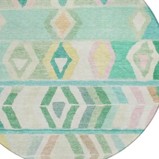 8' Turquoise And Teal Blue Round Tribal Washable Indoor Outdoor Area Rug Photo 3