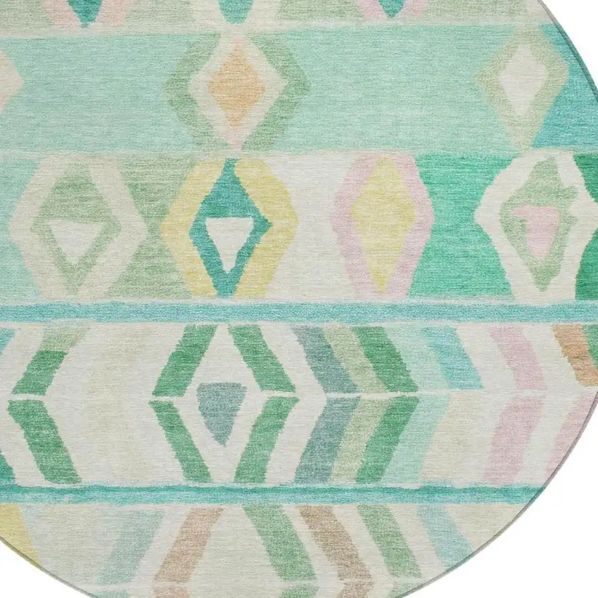 8' Turquoise And Teal Blue Round Tribal Washable Indoor Outdoor Area Rug Photo 3