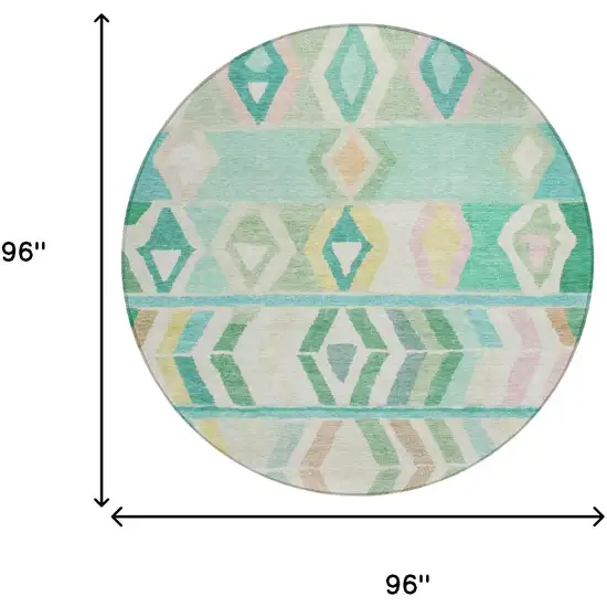 8' Turquoise And Teal Blue Round Tribal Washable Indoor Outdoor Area Rug Photo 7