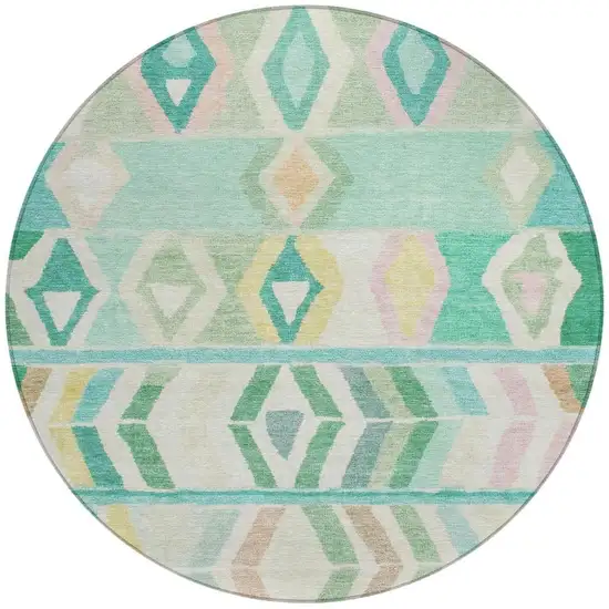 8' Turquoise And Teal Blue Round Tribal Washable Indoor Outdoor Area Rug Photo 4