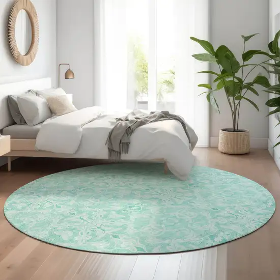 8' Turquoise And Teal Medallion Washable Round Rug With UV Protection Photo 5