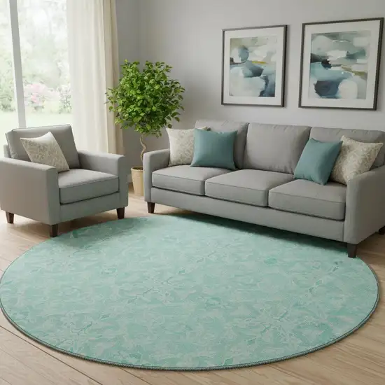 8' Turquoise And Teal Medallion Washable Round Rug With UV Protection Photo 1