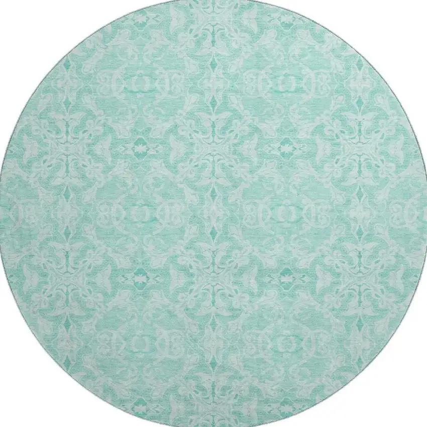 8' Turquoise And Teal Medallion Washable Round Rug With UV Protection Photo 4