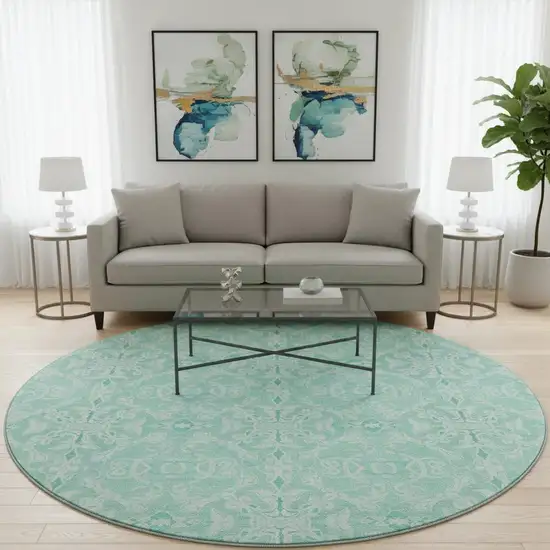 8' Turquoise And Teal Medallion Washable Round Rug With UV Protection Photo 2