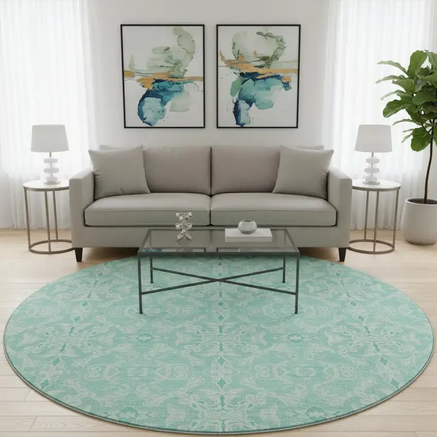 8' Turquoise And Teal Medallion Washable Round Rug With UV Protection Photo 2