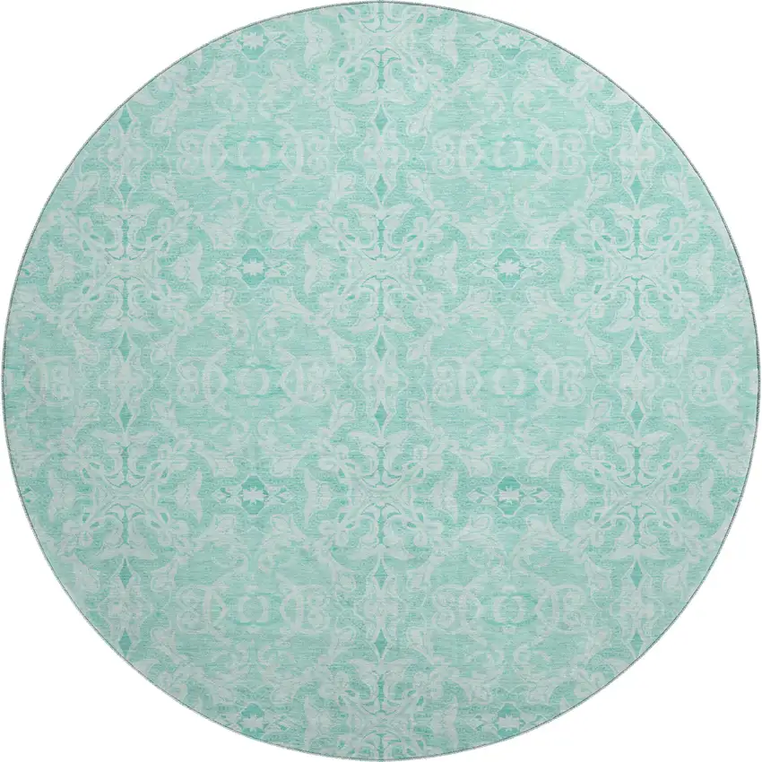 8' Turquoise And Teal Medallion Washable Round Rug With UV Protection Photo 1