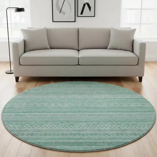 8' Turquoise And Teal Striped Washable Round Rug With UV Protection Photo 2