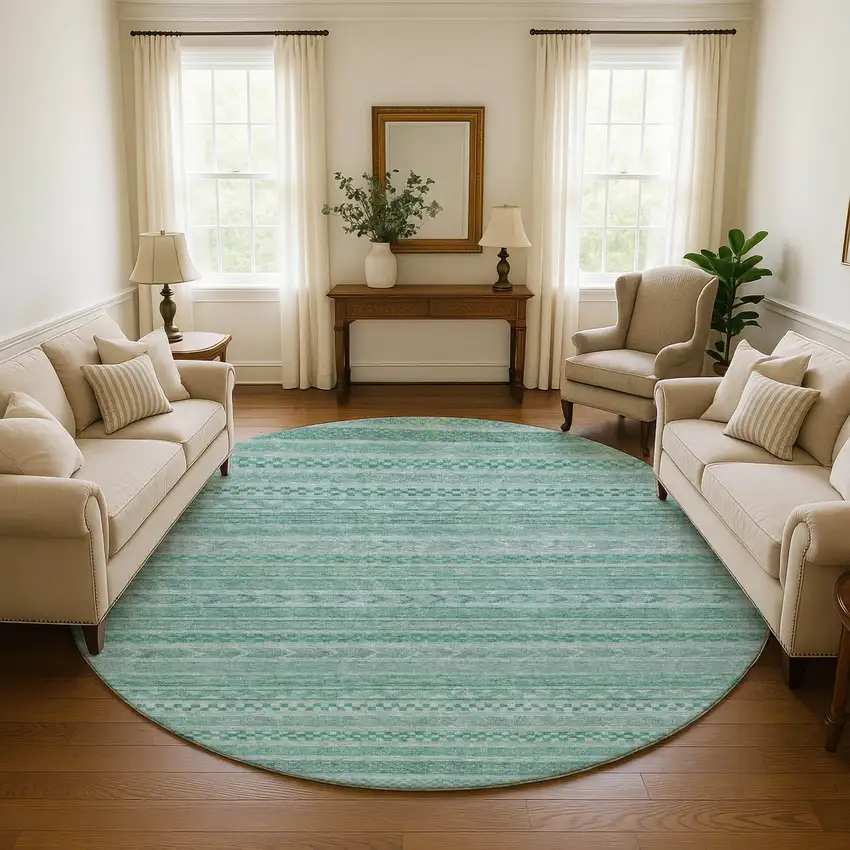 8' Turquoise And Teal Striped Washable Round Rug With UV Protection Photo 4