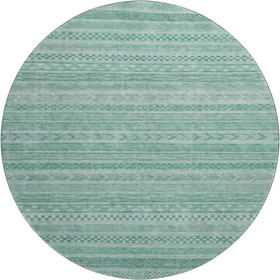 8' Turquoise And Teal Striped Washable Round Rug With UV Protection Photo 1