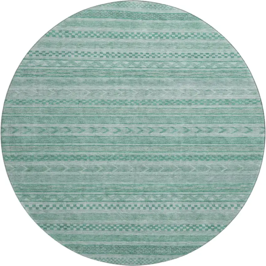 8' Turquoise And Teal Striped Washable Round Rug With UV Protection Photo 1