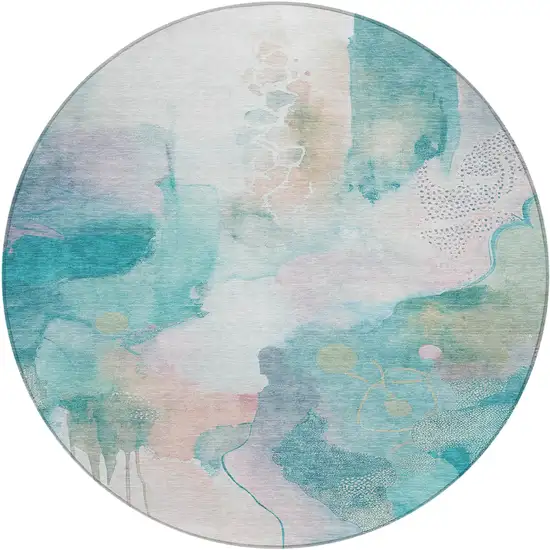 8' Turquoise Blush And Ivory Round Abstract Washable Indoor Outdoor Area Rug Photo 1