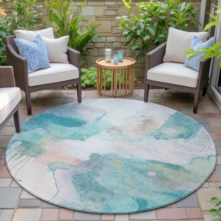 8' Turquoise Blush And Ivory Round Abstract Washable Indoor Outdoor Area Rug Photo 5