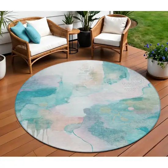 8' Turquoise Blush And Ivory Round Abstract Washable Indoor Outdoor Area Rug Photo 2