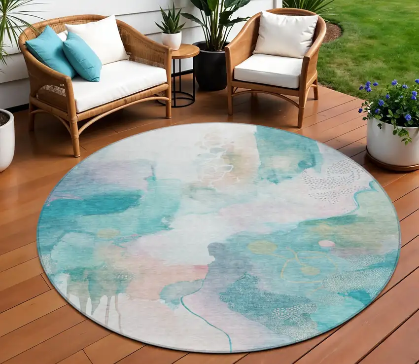 8' Turquoise Blush And Ivory Round Abstract Washable Indoor Outdoor Area Rug Photo 2