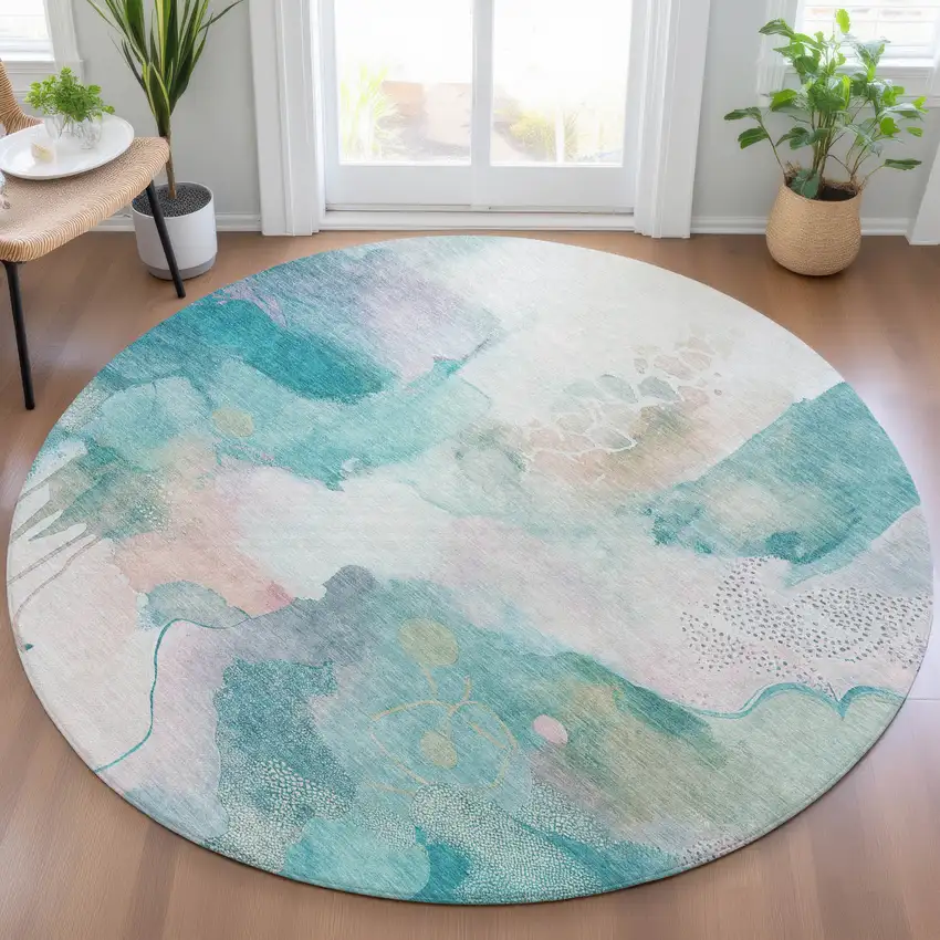 8' Turquoise Blush And Ivory Round Abstract Washable Indoor Outdoor Area Rug Photo 6