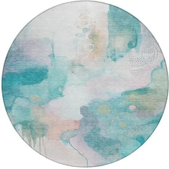 8' Turquoise Blush And Ivory Round Abstract Washable Indoor Outdoor Area Rug Photo 3