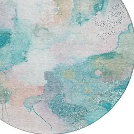 8' Turquoise Blush And Ivory Round Abstract Washable Indoor Outdoor Area Rug Photo 4