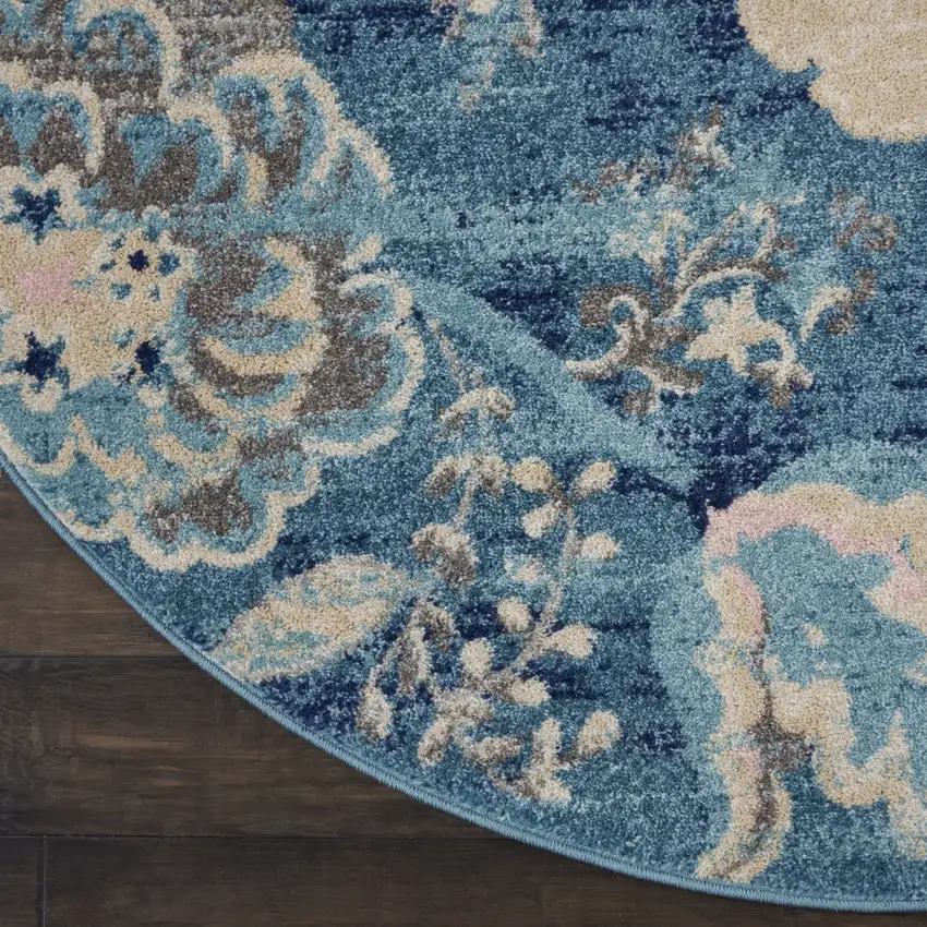 5' Turquoise Cream and Navy Blue Floral Distressed Round Rug Photo 9