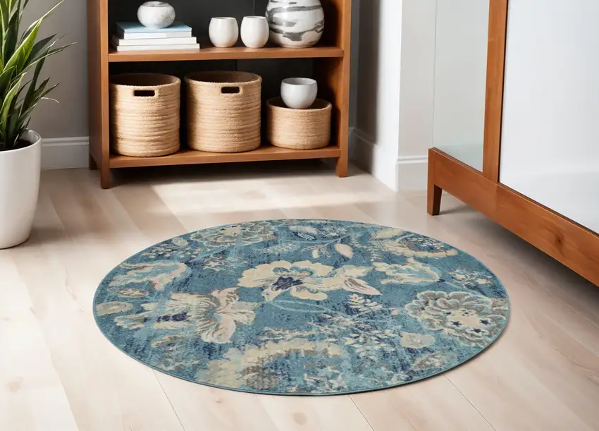 5' Turquoise Cream and Navy Blue Floral Distressed Round Rug Photo 1