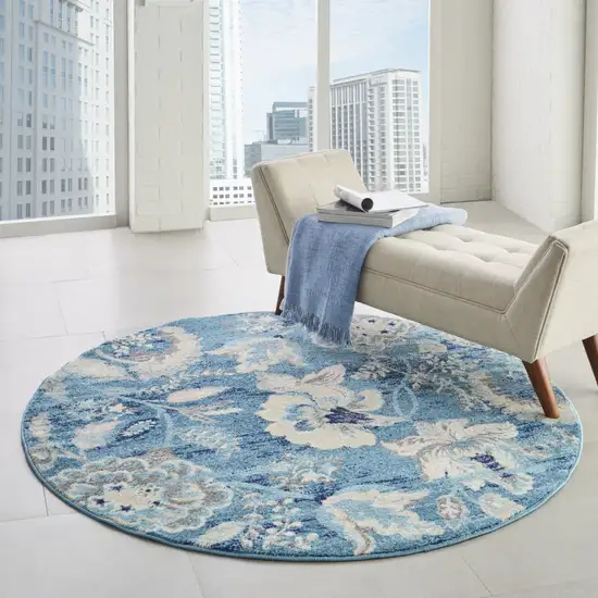 5' Turquoise Cream and Navy Blue Floral Distressed Round Rug Photo 7