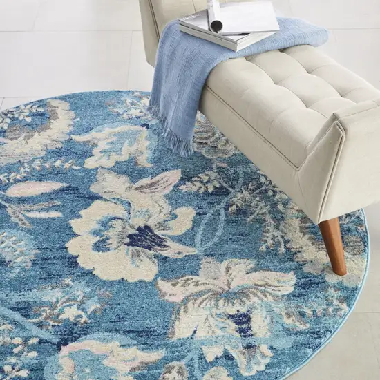 5' Turquoise Cream and Navy Blue Floral Distressed Round Rug Photo 6