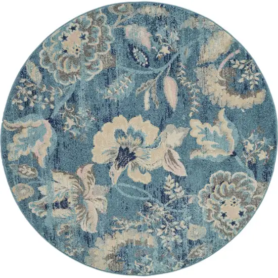 5' Turquoise Cream and Navy Blue Floral Distressed Round Rug Photo 1