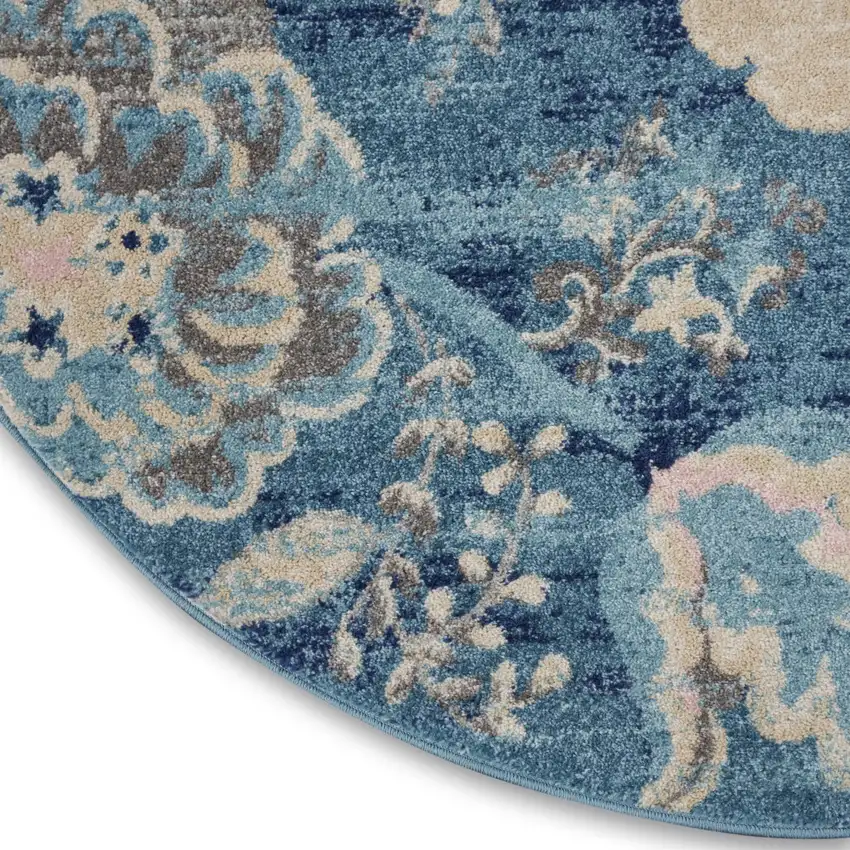 5' Turquoise Cream and Navy Blue Floral Distressed Round Rug Photo 7