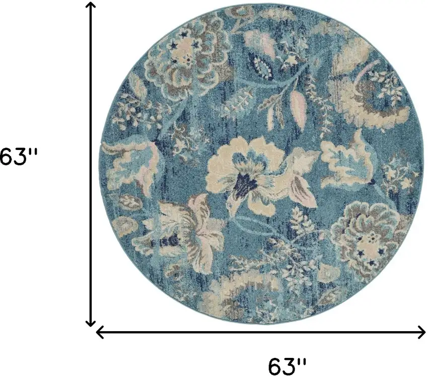 5' Turquoise Cream and Navy Blue Floral Distressed Round Rug Photo 3