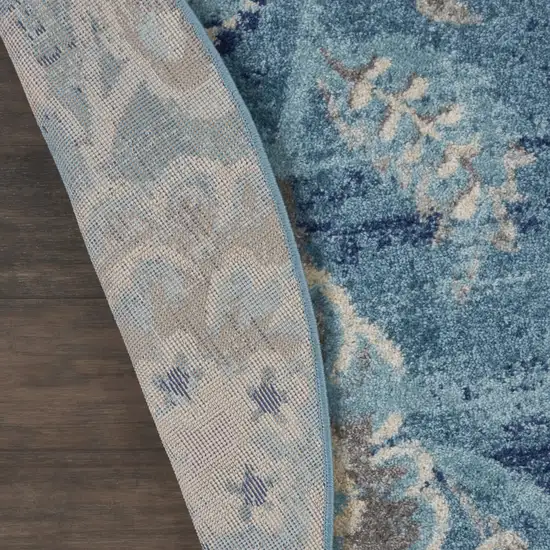 5' Turquoise Cream and Navy Blue Floral Distressed Round Rug Photo 8