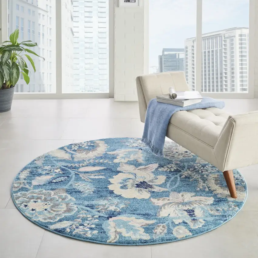 5' Turquoise Cream and Navy Blue Floral Distressed Round Rug Photo 5