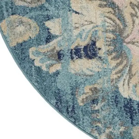 5' Turquoise Cream and Navy Blue Floral Distressed Round Rug Photo 4